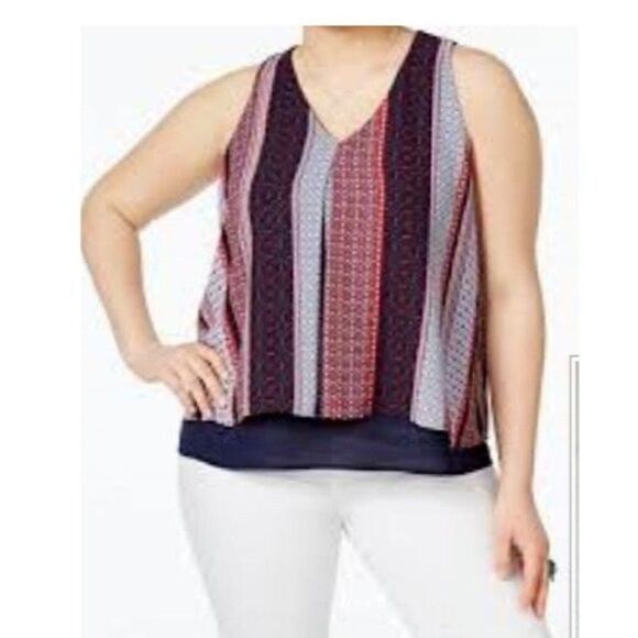 Monteau Trendy Plus Size Layered-Look Printed Top, Red/Blue, 3X - Picture 1 of 9